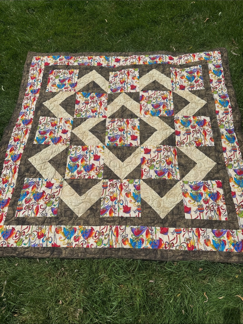 Partridge Floral Patchwork Quilt in Multicolor and Brown - Picture 1 of 3